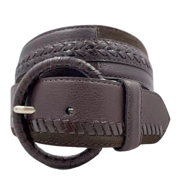 Brighton Patchwork Brown Leather Belt Women\'s Size 34 B31148 Round Buckle NWT!